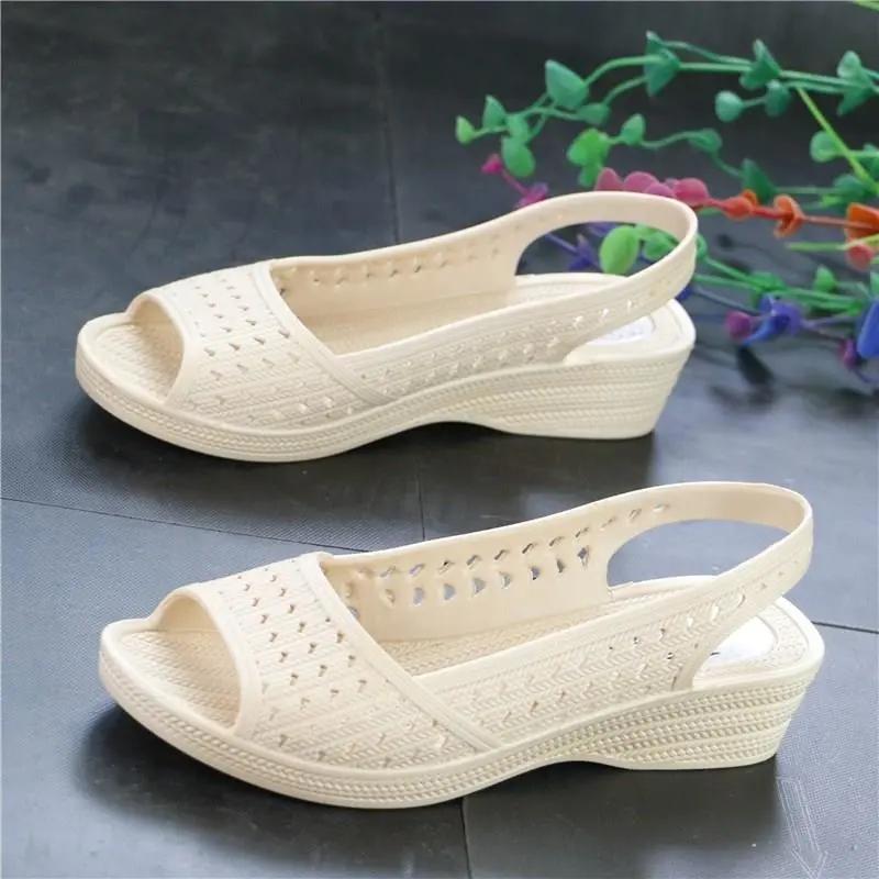 Women's Summer Hole Shoes Wedge Heel Casual Fish Mouth Sandals Soft Bottom Non-slip Beach White Nurse Shoes