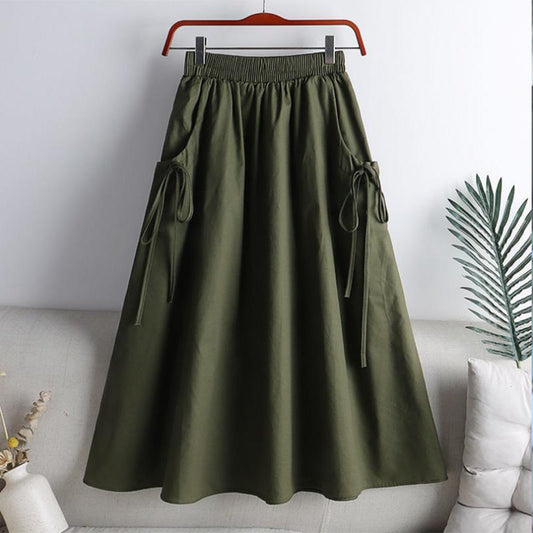 Summer Cotton All-match Solid Color Lace Drawstring Pocket Mid-length Cotton Workwear Half-length A-line Skirt Women