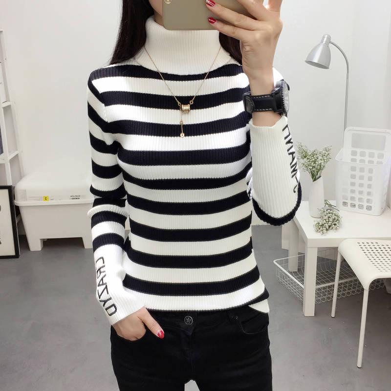 Turtleneck Sweater Women Pullover Stripe Knitted Ribbed Slim Jumper Autumn Winter Female Sweater