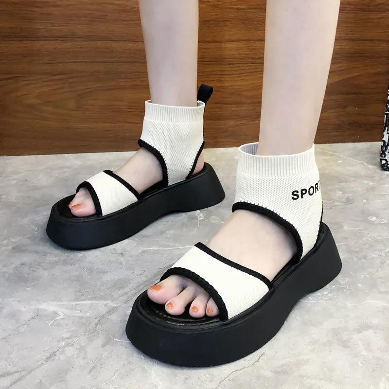 Summer Knitted Turtleneck Hollow Fish Mouth Sandals Non-slip Platform Platform Shoes Women's Elastic and Comfortable Sandals