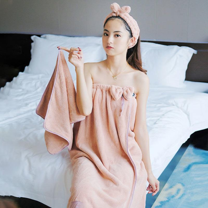 Bath Towel + Hair Band Two-piece Female Cotton Absorbent Non-linting Bath Skirt Can Wear Sexy Tube Top Bathrobe Soft Flannel Fabric