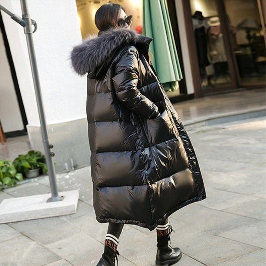 Down Jacket Women Winter Bright Face Loose White Duck Down Large Fur Collar Mid-length Warm Jacket