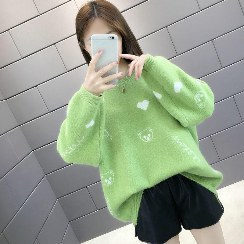 Autumn and Winter Thick Plus Size Sweater All-match Thinner Round Neck Jacket Lantern Sleeve Knitted Female Top