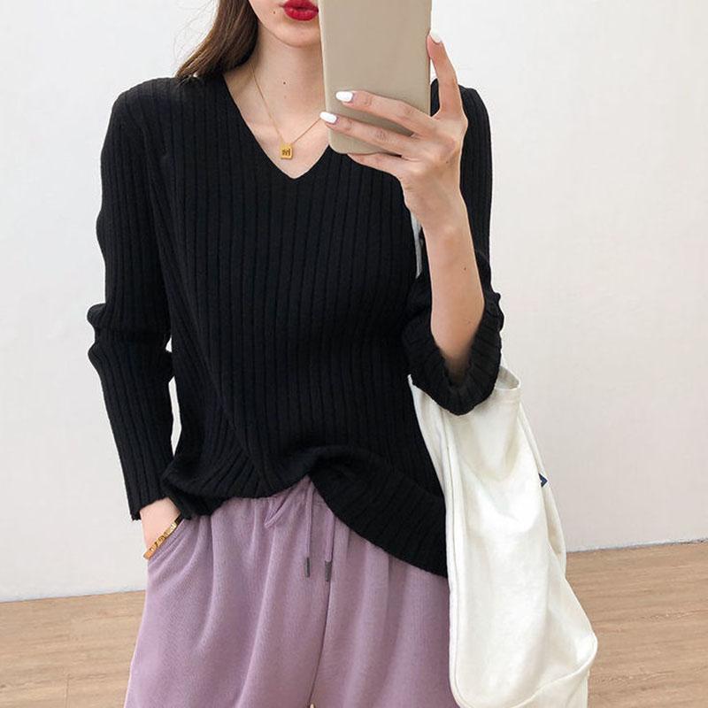 All-match V-neck Long-sleeved Sweater Women's Autumn and Winter Loose and Thin Sets of Student Base Sweater