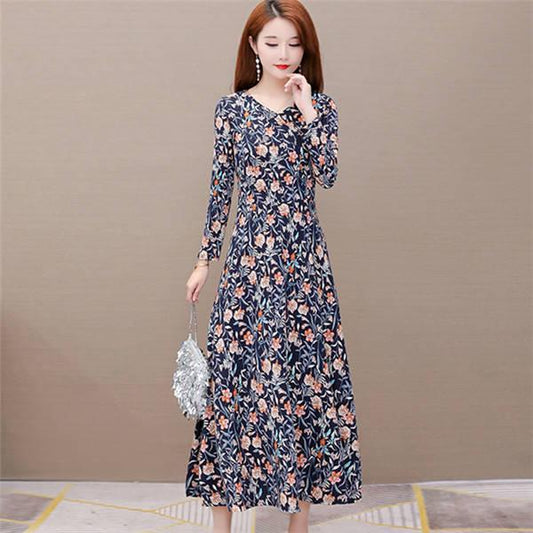 Long Sleeve Print Mid-long Dress Women Vintage Elastic Waist Dresses Female Fashion Floral Dress