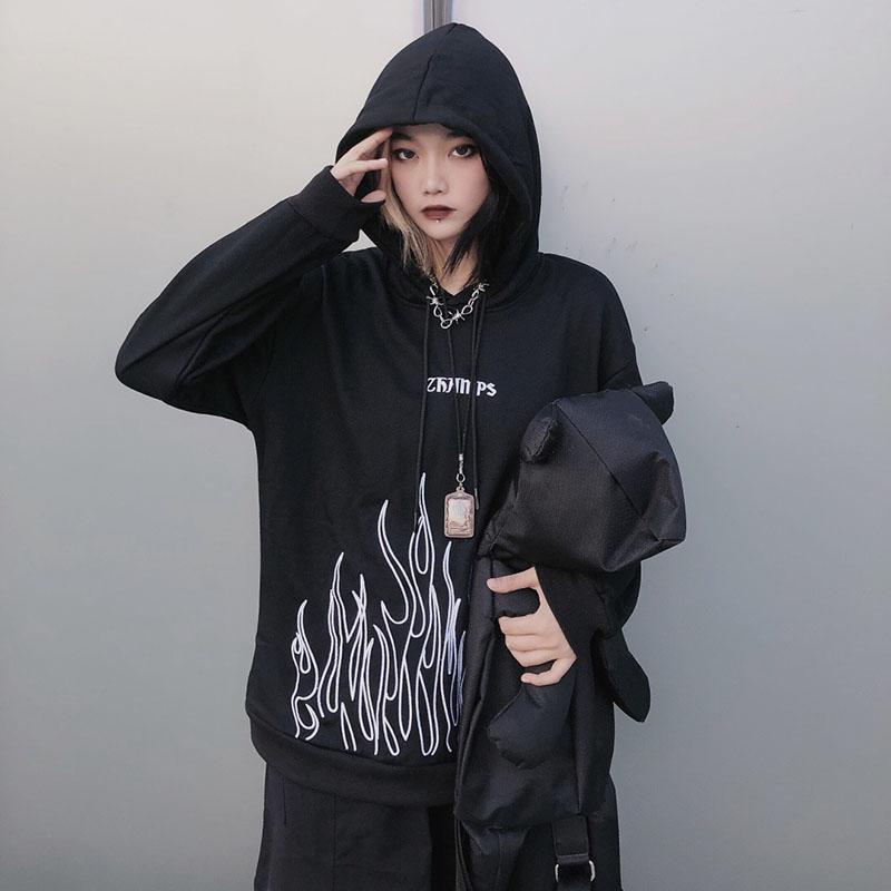 Spring Autumn Winter Street Hip Hop Retro Flame Print Loose Hooded Velvet Sweater Women's Tops