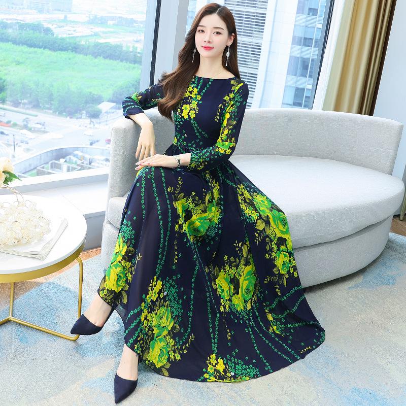 Women's Spring Summer Printed Long Sleeve Dress Autumn Loose Plus Size Casual Long Floral A-line Dress