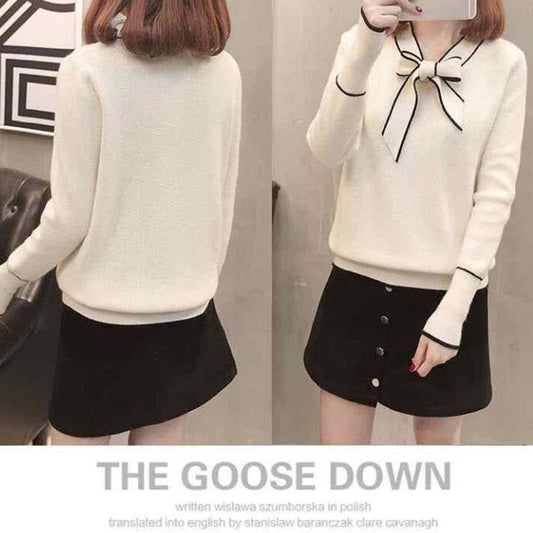 Pofulove Women Bow Decoration Casual  Sweet Sweater V-Neck Long Sleeve Knitted Pullover Sweater