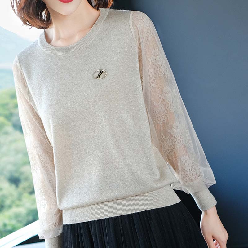 Lace Hollow Bottoming Shirt Women's Small Sweater Knitted Sweater Early Spring and Autumn Outer Wear Thin Top