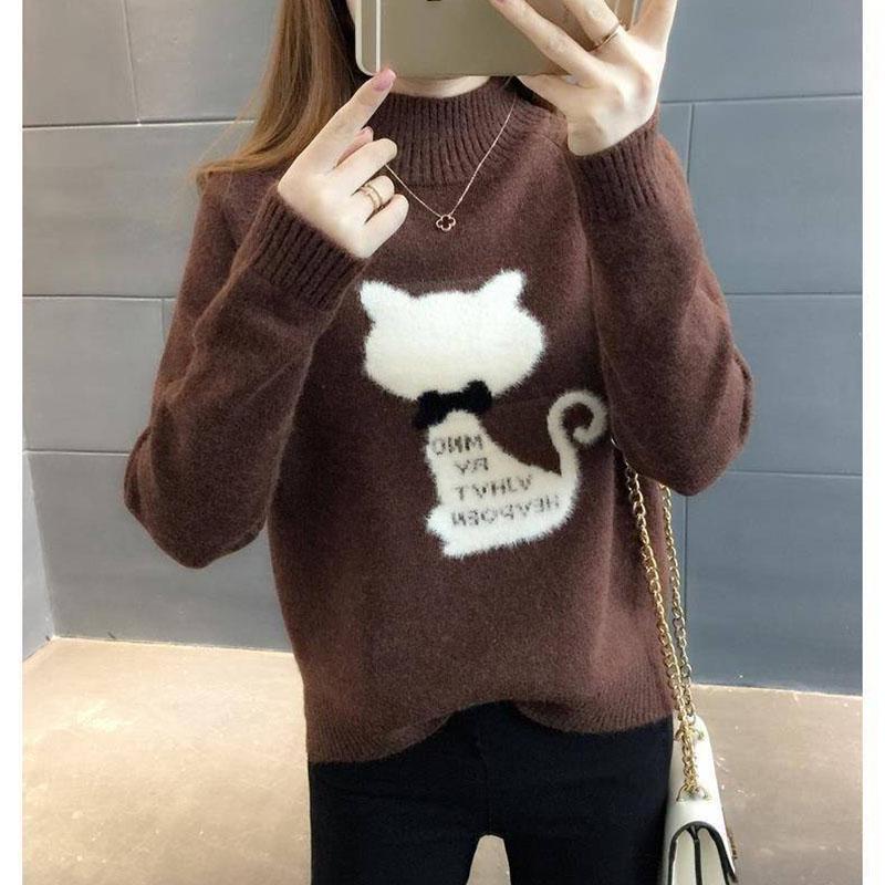 Autumn and Winter Thick Sweater Fashion Loose Knit Top Half High Collar Youth Female Jacket