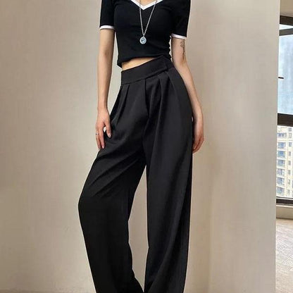 Women Autumn Thin Pants Large Size High Waist Wide Leg Casual Pants Versatile Loose Black Straight Suit Pants