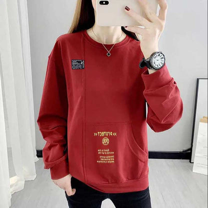 Spring and Summer Large Size Loose Pocket Sweater Women's Bottoming Casual Long-sleeved T-shirt Top