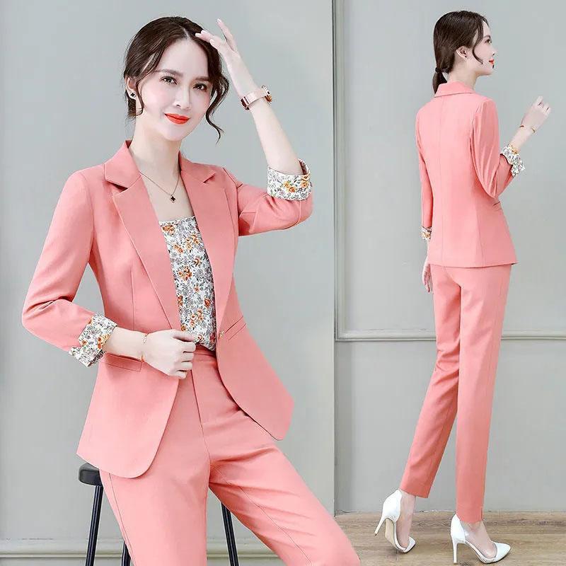 3PCS Women's Suit Three-piece Suit Spring and Autumn Casual Jacket + Floral Vest + Straight Trousers Professional Suit Ladies Thin Solid Color Suit