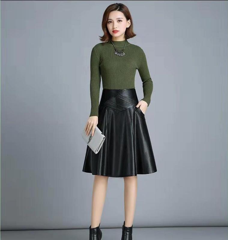 Women Spring Autumn PU Leather Skirts Lady High Waist A-line Skirt Midi Length Black Skirt Women