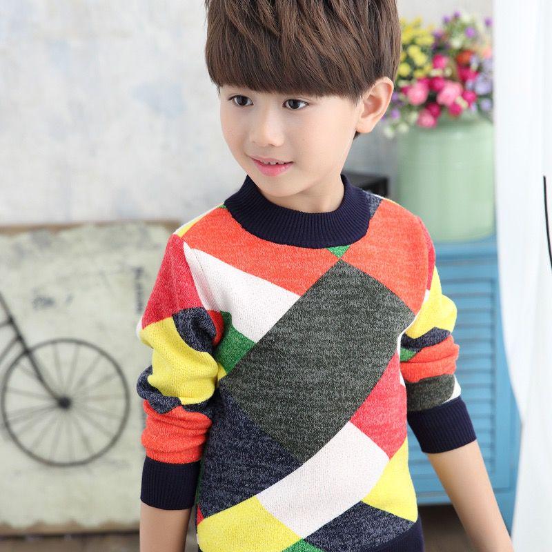 Round Neck Autumn and Winter Sweater Plus Velvet Thickening Inside Warm Sweater Children's Sweater