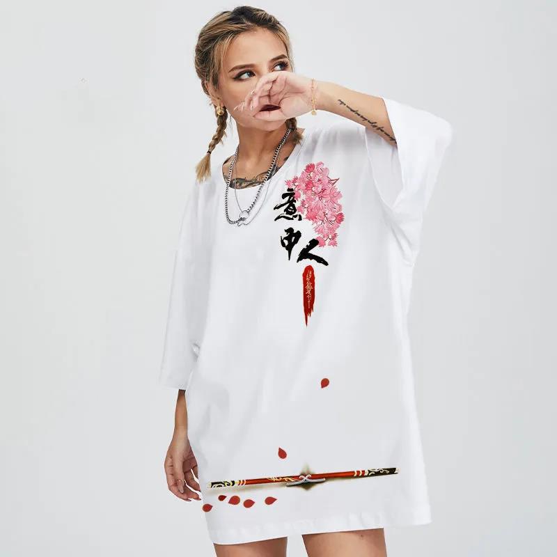 Chinese Trendy T-shirts Summer Oversized O-neck Short Sleeve Casual Pullover Ladies Anime Sexy Girl Print Tees Hip Hop Men Shirt