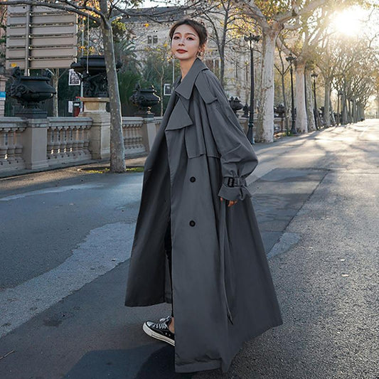 Korean Style Loose Oversized X-Long Women's Trench Coat Double-Breasted Belted Lady Cloak Windbreaker Spring Fall Outerwear Grey