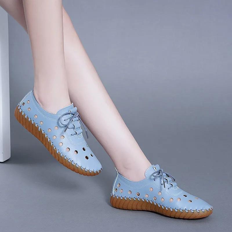 Women's Summer Soft Leather Hollow Shoes Hole Shoes Tendon Bottom Sandals Flat Casual Shoes Soft Bottom Comfortable Mother Shoes