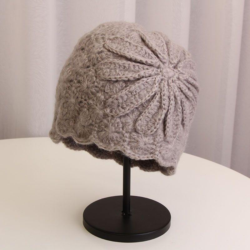 Knitted Hat Woman Autumn and Winter Wild Handmade Flower Warm Sweater Hat Bag Head Month Cap