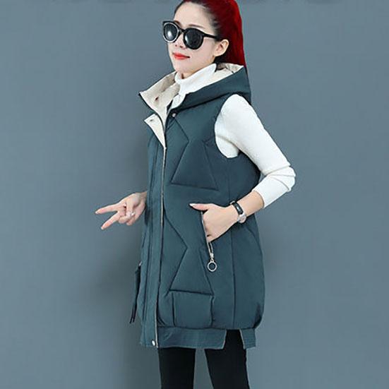 Autumn and Winter Down Jackets Women's Mid-length Cotton Vest Loose Thickened Cotton Vest Female Sleeveless Hooded Coats