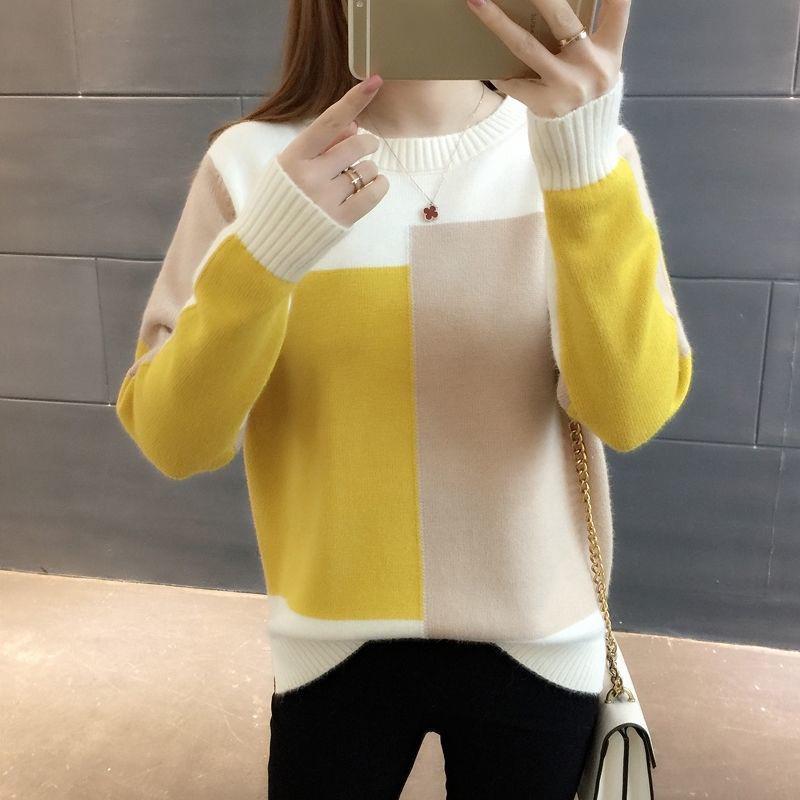 Candy-colored Knitted Bottoming Shirt Color Matching Thin Loose Blouse Plus Size Long-sleeved Sweater Women