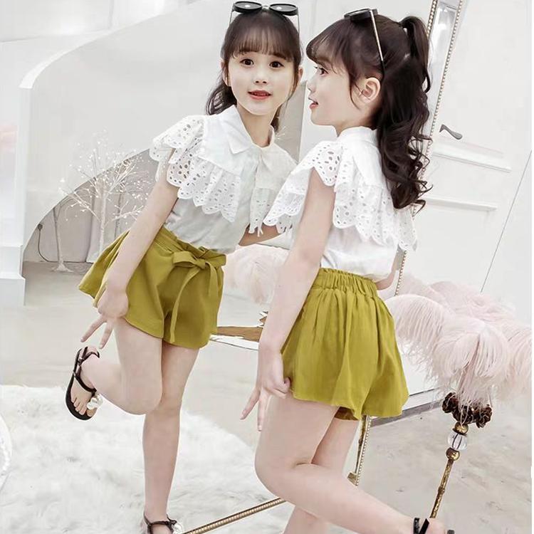 2PCS Children Clothing Set Spring Summer Girls Suits Lace Hollow Out Short Sleeve Tops + Pants Clothing Set