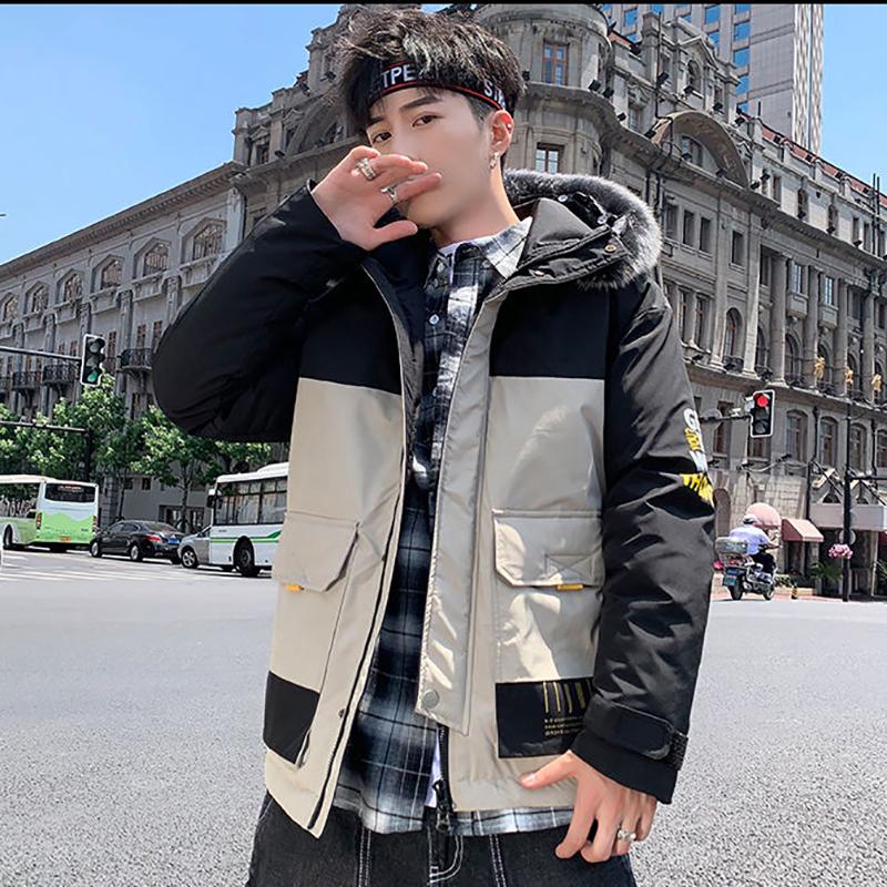 Fashion Short Parker Jacket Winter Fashion Men's Cotton Jacket Youth Thicken Stitching Trendy Brand Hooded Cotton Jacket Loose Men's Cotton Jacket