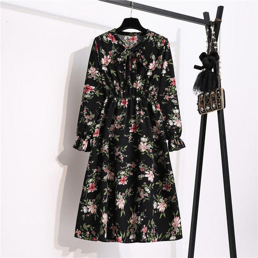 Women's Chiffon Dress Female Vintage Floral Printed Long Sleeve Bow Midi Dresses Spring Autumn Flare Sleeve