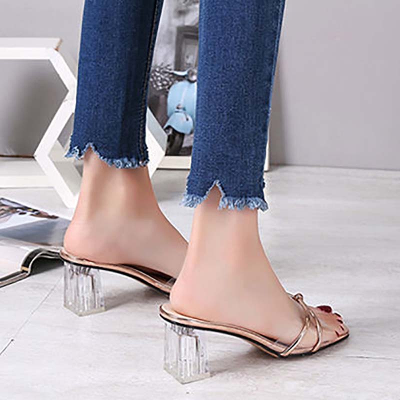 Sandals Women's Summer Wear Fashion All-match High-heeled Sandals Thick with Transparent Crystal Heel Women's Shoes