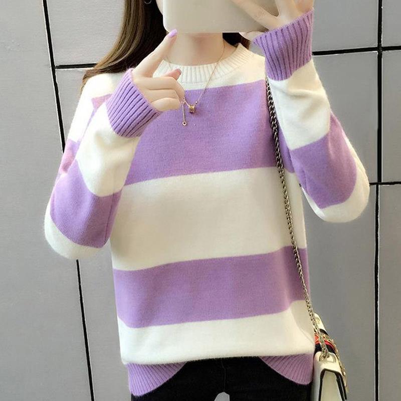 Loose blouse sweater female autumn and winter dress round neck long sleeve fashion striped sweater