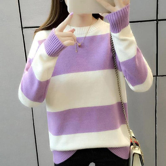 Loose blouse sweater female autumn and winter dress round neck long sleeve fashion striped sweater