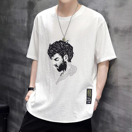 Men's Short-sleeved Summer New Ice Silk T-shirt Loose Print Student Half-sleeved