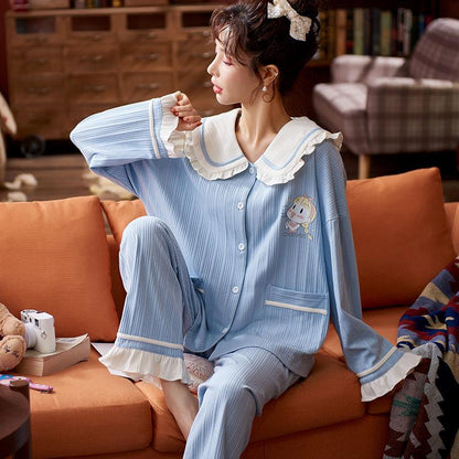 Pajamas Women's Cotton Long-sleeved Cardigan Can Be Worn Outside Ladies' Cute Home Service Suits The Fabric Is Skin-friendly and Soft