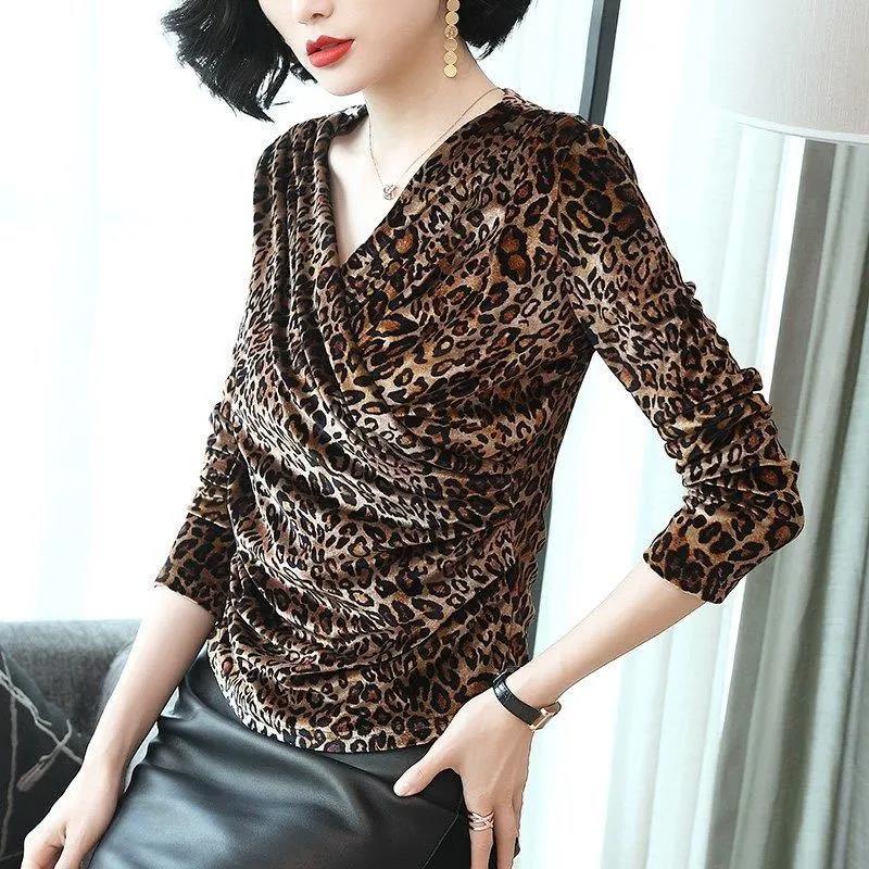 Women Elegant Golden velvet Blouse Front Cross Wrinkle Sexy Deep V-neck Long Sleeve Casual Tops Autumn  Pullover