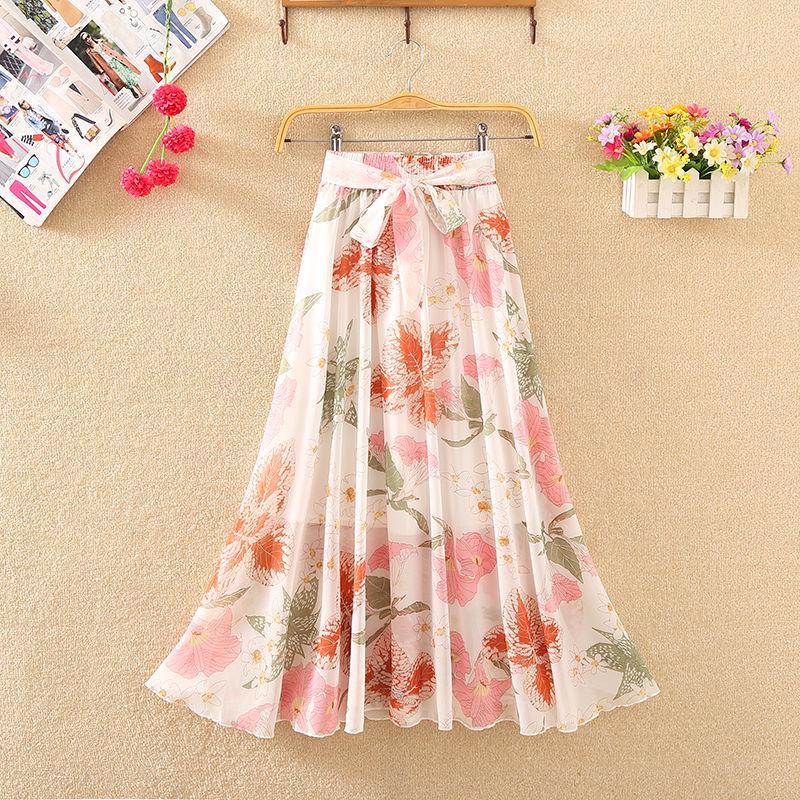 Floral Chiffon Floral Long Skirt Summer High Waist Loose A-line Skirt Half-length Skirt Female Summer Mid-length Skirt Fabric Light and Breathable