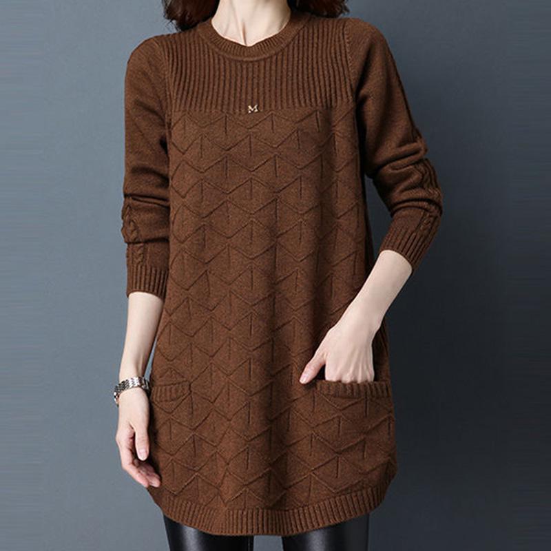 Mid-length Sweater Women Low Round Neck Spring and Autumn Korean Version of The Large Size Pullover Loose Knit Bottoming Shirt Sweater Skirt