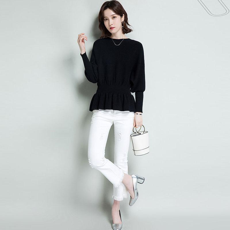 Spring and Autumn Sweater Women's Korean Style Loose Neck Undershirt Pullover Slim Knitted Bat Tops