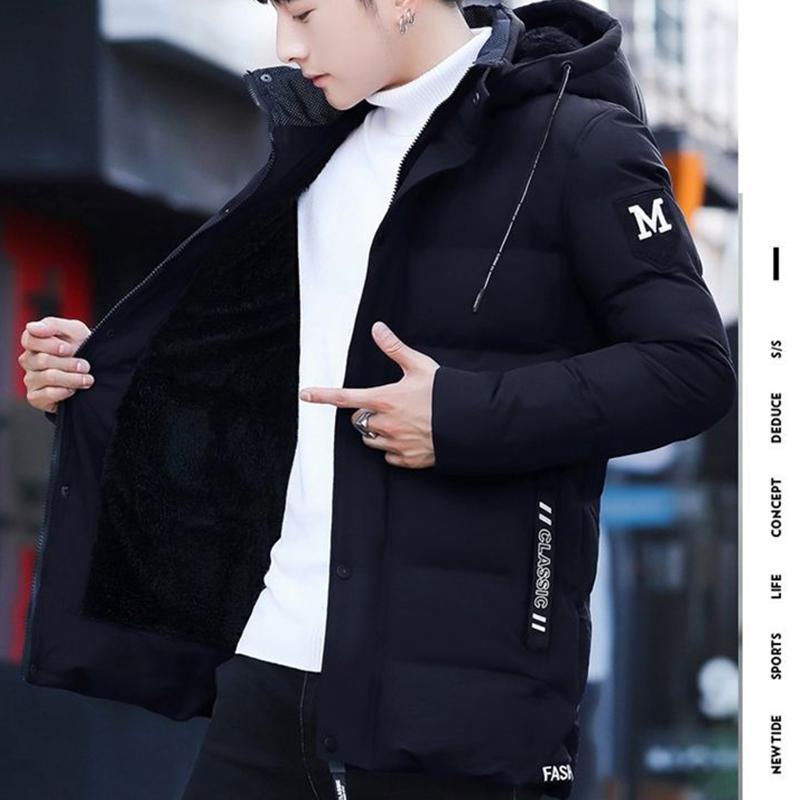 Winter Down Men's Padded Jacket Plus Velvet Thickening Youth Padded Hooded Jacket Trend Student Warm Jacket Fashion Slim Parker Clothing