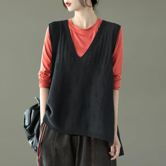 Literature and Art Retro Sweet Wind Hollow Knitted Woolen Waistcoat V-neck Pullover Ladies Sleeveless Waistcoat Jacket