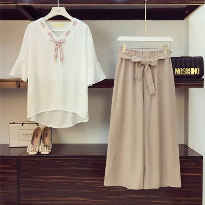 Suit Chiffon Shirt Casual Women's Wear Wide Loose Wide-leg Pants Two-piece Shirt Loose Cover Meat Thin Casual Suit Plus Size Women's Clothing