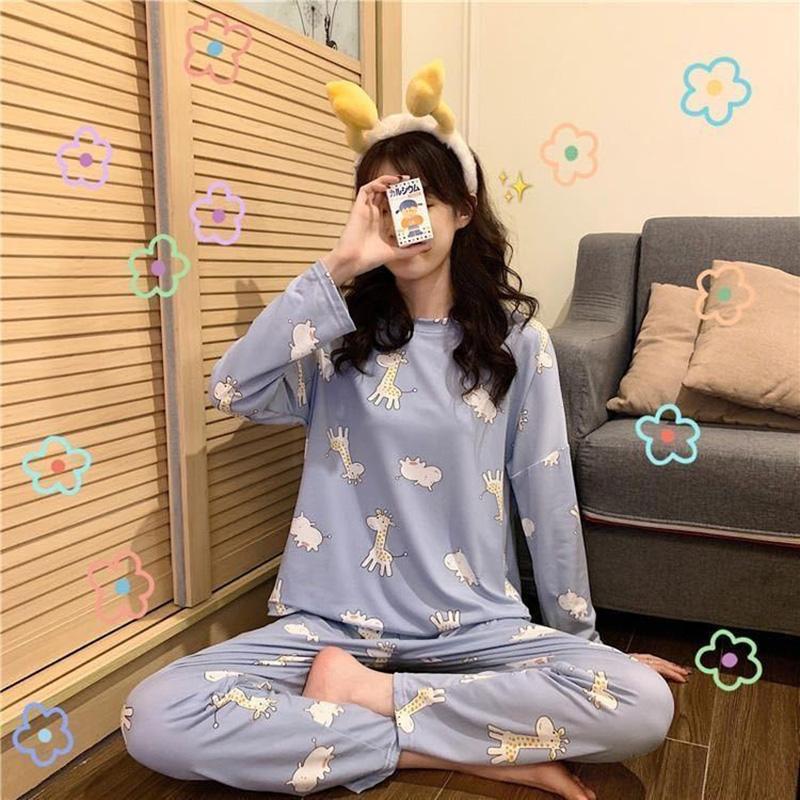 Women's Long Sleeve Pajamas Middle-aged Mom Sweet Loose Floral Printing Home Wear Two-piece Set Spring Autumn Printed Round Neck Pajamas Set