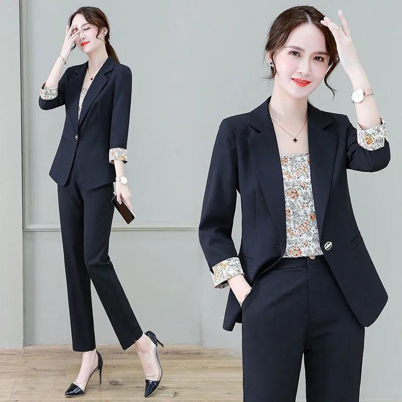 3PCS Women's Suit Three-piece Suit Spring and Autumn Casual Jacket + Floral Vest + Straight Trousers Professional Suit Ladies Thin Solid Color Suit