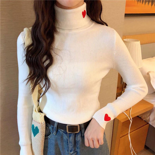 Pofulove Turtleneck Embroidered Skinny Sweater Women Long Sleeved Slim Wild Pullover Sweater