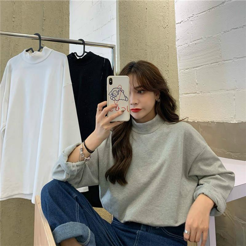 Pofulove Wild Long-sleeved Bottoming Winter Half-high Collar Fleece Thickened T-shirt Women Loose