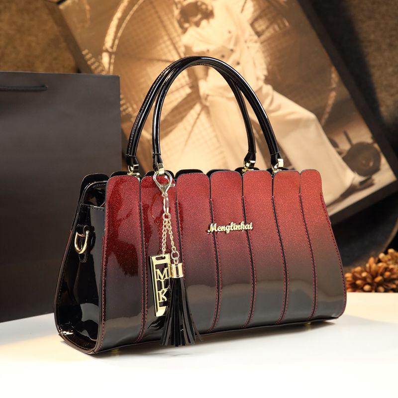 Bright Leather Ladies Bag Shoulder Slung Handbag Simple Splicing Patent Leather Handbag