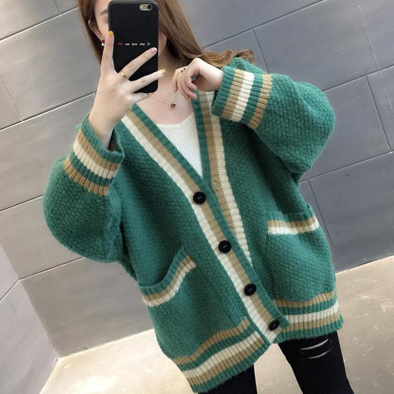 Autumn and Winter Knitted Casual Jacket Fashion Simple Cardigan Sweater Loose Green Striped Female Top