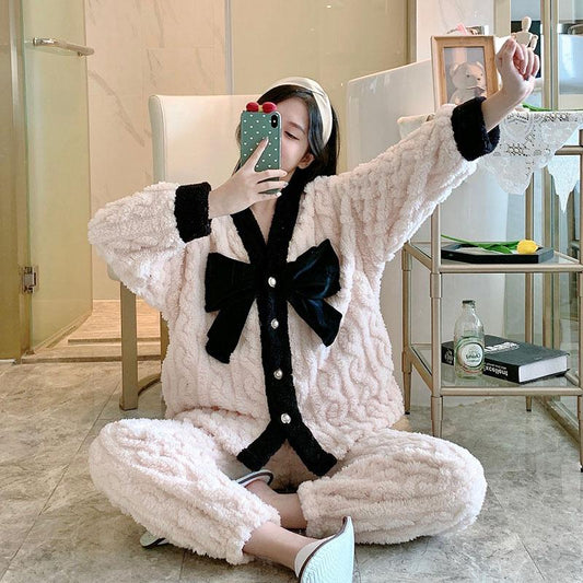 Women's Pajamas Suit Coral Fleece Pyjamas Set Flannel Sleepwear Winter Warm Homewear Long Sleeve Tops and Pants Sets Bow Cute Sweet Girls Nightwear