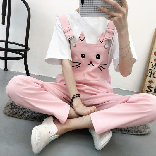 WTEMPO Cute Cat Overalls Girl Student Summer Jumpsuit Woman Jeans Long Romper Pants Pockets Sleeveless Adjusted Overalls Jeans Trousers