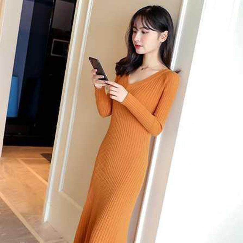 Autumn and Winter Thickening V-neck Bottoming Skirt Mid-length Hedging Slim Dress Over The Knee Knitted Sweater Dress for Women