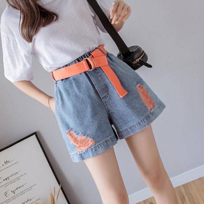 WTEMPO Women Loose Ripped Pants Big Pocket High Elastic Waist Denim Shorts  Spring and Summer Wide Leg A-line Thin Casual Jeans